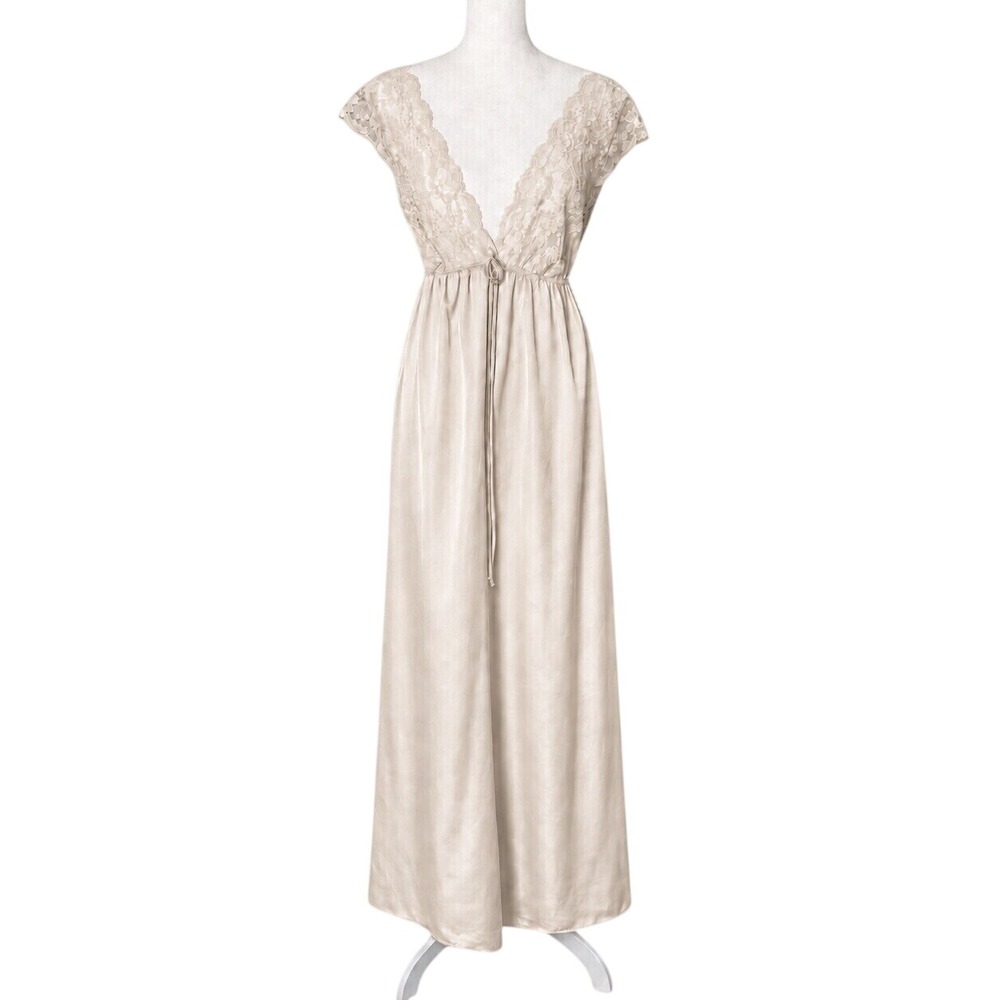 Val Mode Vintage Lace Satin Nightgown Womens Small Beige Lingerie Maxi Romantic